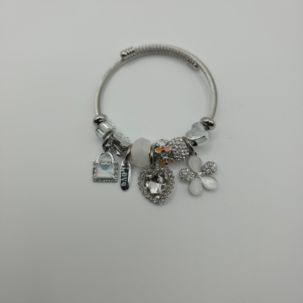 Silver Tone Cable Wire Bypass Bangle Bracelet with Heart and Flower Charms